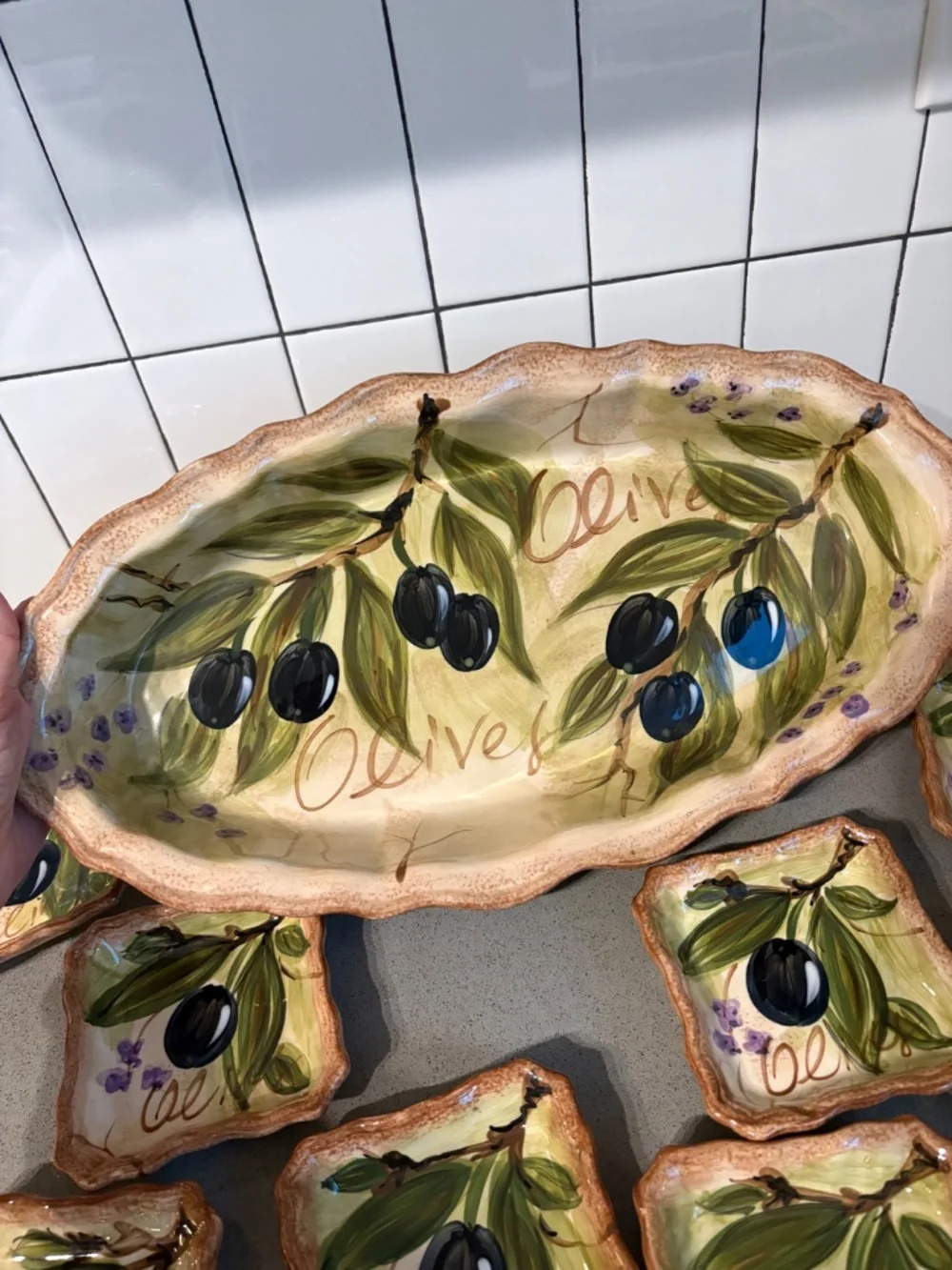 9 piece olive themed bread platter & dipping plates - Tabletops Unlimited